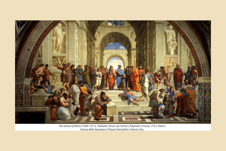 Raphael, The School of Athens, left half with Plato, Socrates and Pythagoras